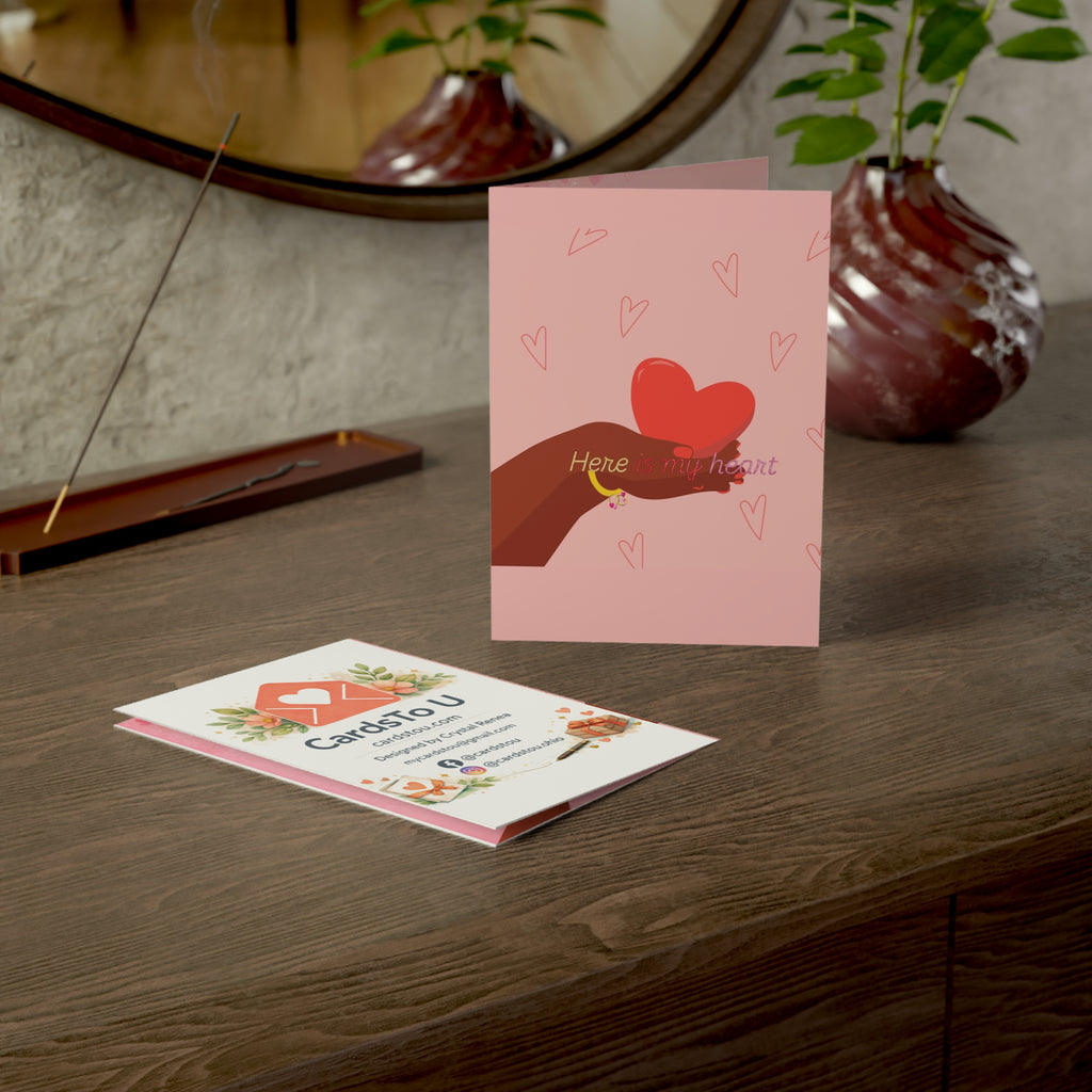 Pink Heart Greeting Card — “Here’s My Heart” Love Note (Pack of 1/10/30/50)