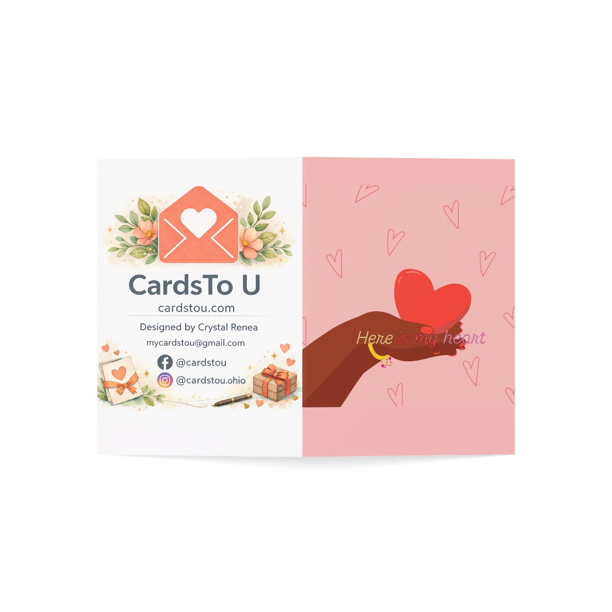 Pink Heart Greeting Card — “Here’s My Heart” Love Note (Pack of 1/10/30/50)