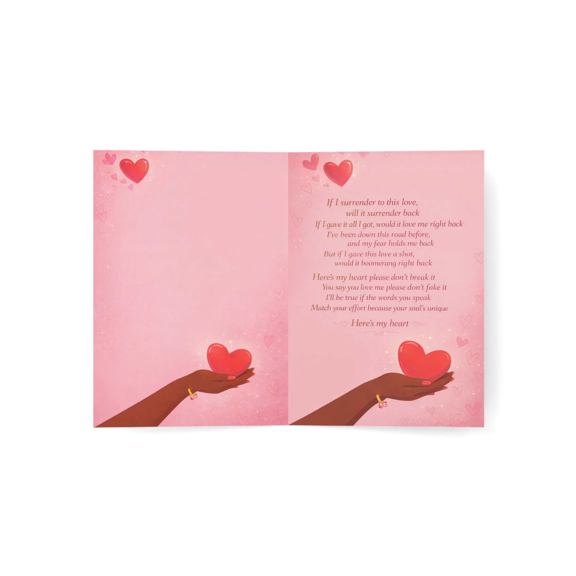 Pink Heart Greeting Card — “Here’s My Heart” Love Note (Pack of 1/10/30/50)